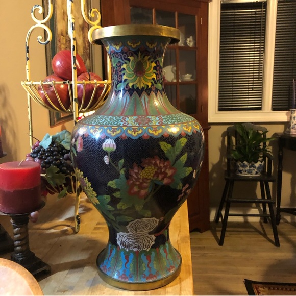 Large Qing Dynasty  Cloisonné Turquoise  Floral Vase - Picture 1 of 13